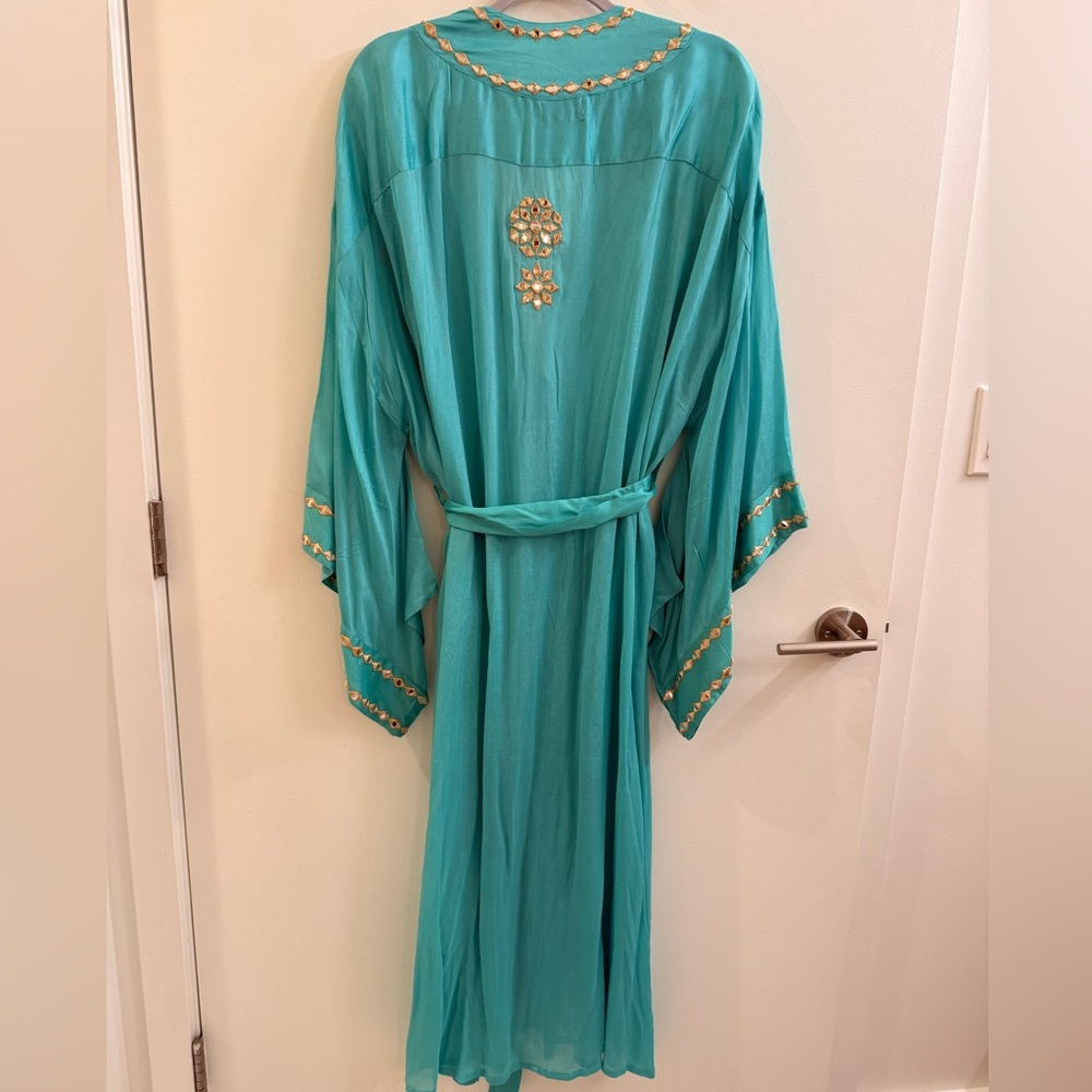 Chic Turquoise Maxi Dress/Kimono with Gold Accents - Picture 2 of 8